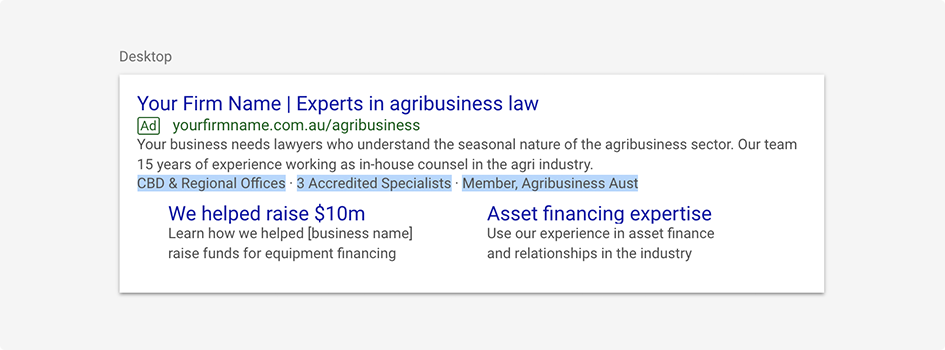 Example of Google Ads with published company information on search results