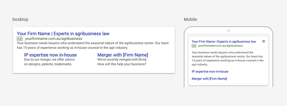 Example of using Google Ads site links to highlight a merger in a law firm