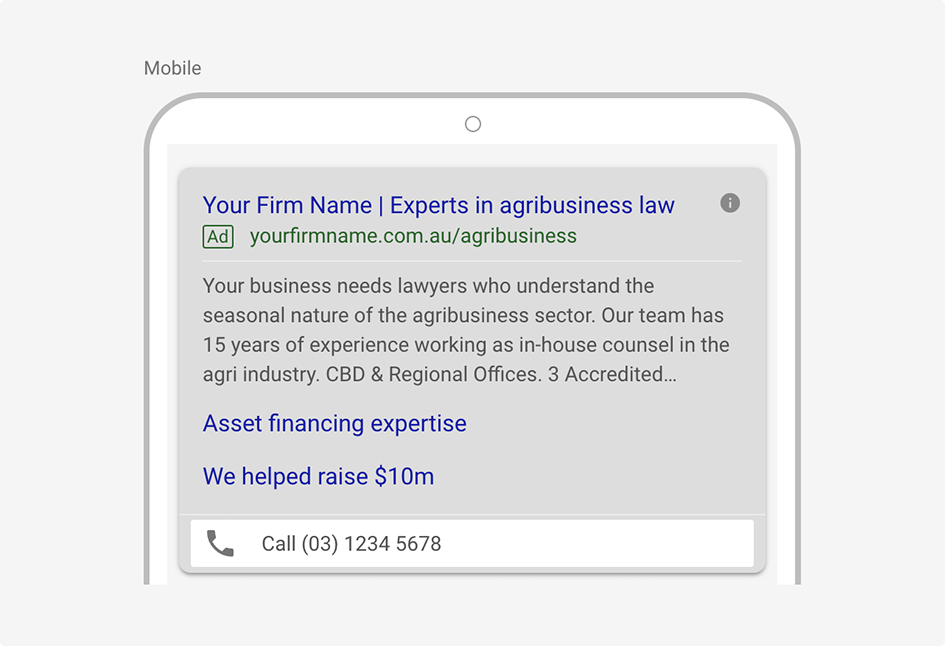 Example of Google Ad mobile search result where searcher can directly contact number provided